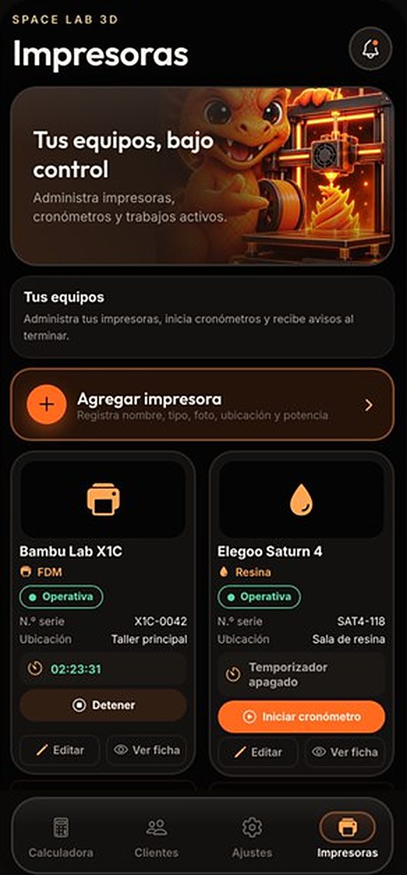 Pantalla Impresoras de SPACE LAB CONTROL: registra tus impresoras FDM y de resina con número de serie y ubicación, inicia cronómetros y recibe un aviso al terminar.