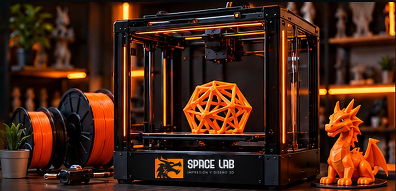 Impresora 3D Space Lab imprimiendo una pieza geométrica naranja, con filamento y una figura de dragón