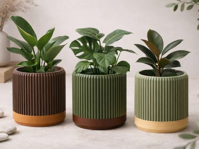 Macetas acanaladas de colores impresas en 3D con plantas